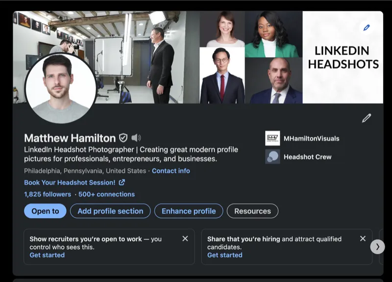 LinkedIn profile page showing how your headshot appears alongside your headline, banner, and professional details