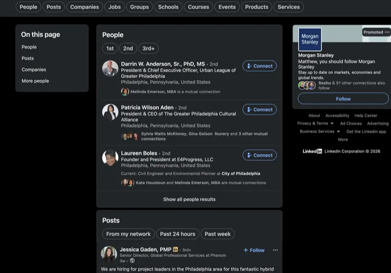LinkedIn search results showing how small profile photos appear as thumbnails — quality matters even at tiny sizes