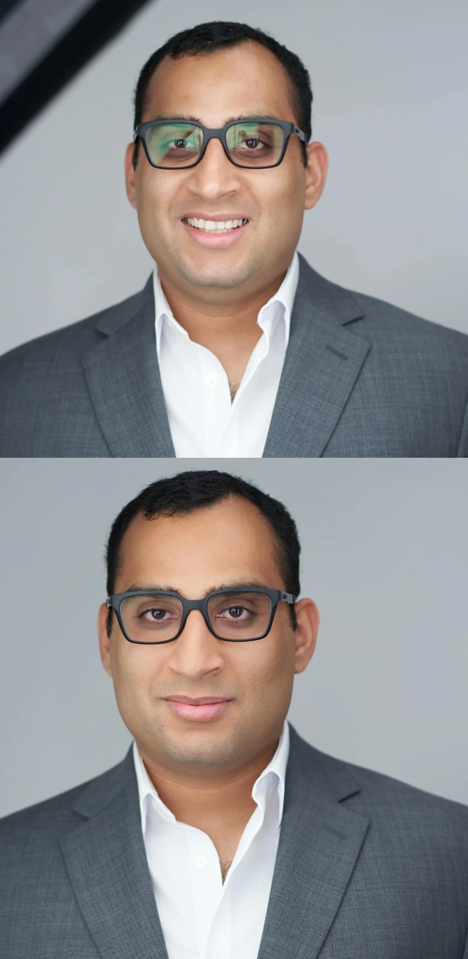 Before and after showing glare removal in glasses headshot